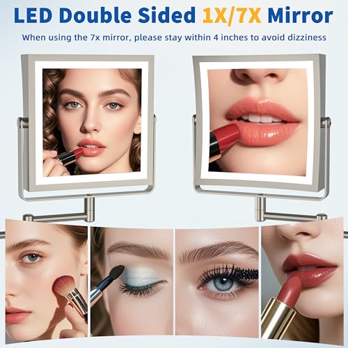 Ruacq Wall Mounted Makeup Mirror with Lights 1X/7X Brushed Nickel | 8",4000mAh Rechargeable,Magnification,3 Color,Touch Screen Dimmable,360° Rotation Extension Foldable Arm, Square, Women Gift - color: Brushed Nickel