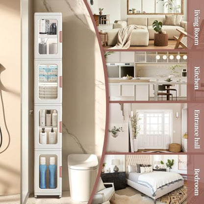Narrow Storage Cabinet with Doors and Shelves Tall Skinny Bathroom Storage Kitchen Cabinet with Adjustable Shelf Cabinet Organizer Toilet Paper Storage Linen Closet 4 Layer (White)