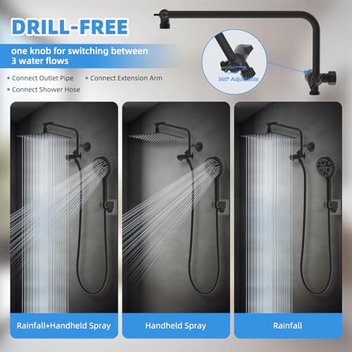 8" Metal Rainfall Shower Head with 10-Mode Handheld, Matte Black | NSF/ANSI/CAN 372 Certified, High Pressure Showerhead Combo with 11" Adjustable Shower Arm, 71" Hose, Shower Head Holder - color: Matte Black, style: Square 8"
