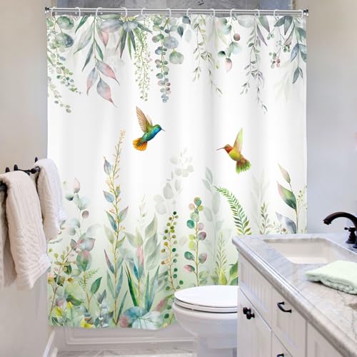 Sage Green Eucalyptus Spring Hummingbird Plants Bathroom Shower Curtain Set | 60"W x 72"H Botanical Emerald; waterproof HD print, quick-dry fabric with 12 free hooks for easy hanging. - color: A-sage Green, size: 60"W x 72"L (Pack of 1)