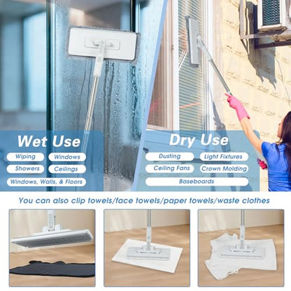4 in 1 Snap Grip Mini Mop with Squeegee, Floor Scrub Brush with Long Handle | Click Mop, 2 Shiny Towels Wipes Cleaning Cloths, 2 Crevice Brush, Snap Grip Mop for Windows Car Glass Floor Shower Bathroom