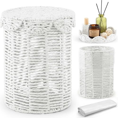 Ctosree 1.3 Gallons Small Wicker Trash Can with Lid Handle Woven Wicker Rattan Bathroom Waste Basket Boho Trash Basket with 100 Plastic Garbage Bags for Bedroom Office Laundry (Scalloped Style, White) - color: White, size: 1.3 Gallons, style: Scalloped St