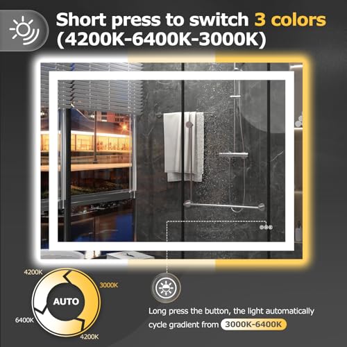 Hivone 48"X36" LED Bathroom Mirror with Lights, Anti-Fog, Dimmable, Backlit + Front Lit, Smart Bathroom Vanity Mirror, Memory Function, Shatterproof, Tempered Glass (Horizontal/Vertical) - size: 36"L x 48"W