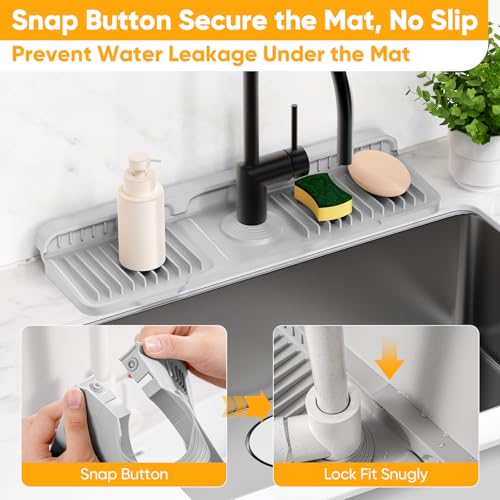 17.7'' Folding Faucet Mat for Kitchen Sink Splash Guard[7° Slope Fast Self-draining][Snap Lock Fit] Kitchen Sink Faucet Mat Splash Guard Kitchen Sink Area Water Splash Guard Behind Faucet Draining Mat - color: Light Gray, size: 17.7" x 5.5"