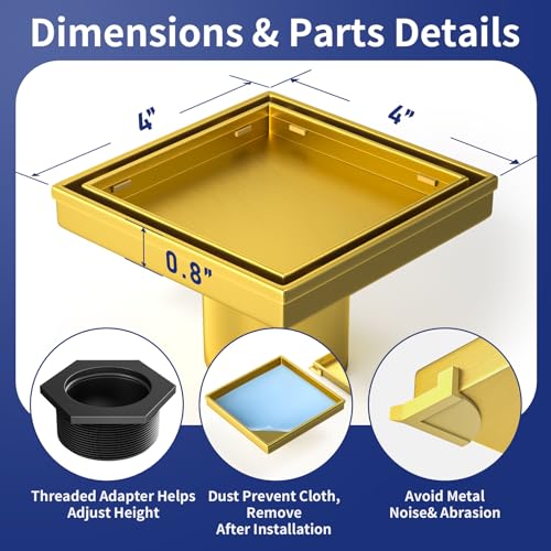 Square Shower Drain, 304 Stainless Steel Floor Drain 4" | with Tiled Insert Grate & Hair Strainer, Bathroom 2-in-1 Tiled in Drain, CUPC Certified - color: Brushed Gold, size: 4''
