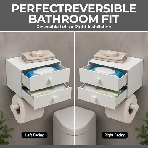 Toilet Paper Holder for Bathroom with Wipes Storage Drawers | Toilet Paper and Wipes Holder for Bathroom - Aluminum TP Holder with Adhesive or Wall Screw Mounting - White/White Knobs