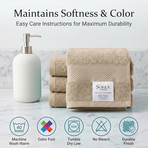 Sofea 100% Cotton Washcloths Set of 12, (12 x 12 Inch) 520 GSM Wash Cloths, Extra Soft Absorbent Quick Dry Face Towels - color: Beige