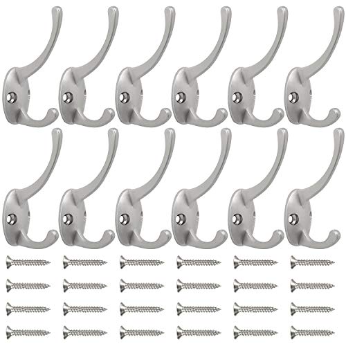 IBosins 12 Pack Silvery Double Coat Hooks Wall Mounted with 24 Screws | Retro Double Hooks Utility Hooks for Coat, Scarf, Bag, Towel, Key, Cap, Cup, Hat - color: Silver