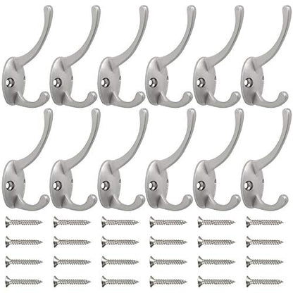 IBosins 12 Pack Silvery Double Coat Hooks Wall Mounted with 24 Screws | Retro Double Hooks Utility Hooks for Coat, Scarf, Bag, Towel, Key, Cap, Cup, Hat - color: Silver