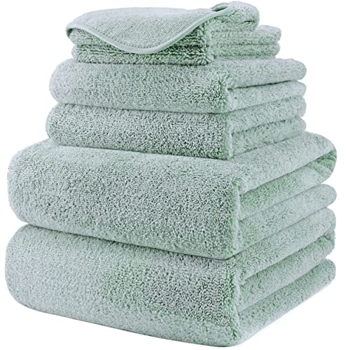 POLYTE 410 GSM Poly Blend Microfiber Quick Dry Bath Towel Set of 6 Pieces | 2-Body Towels, 2-Hand Towels, 2-Wash cloths, Oversize, Lint Free - color: Green