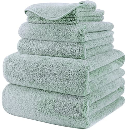 POLYTE 410 GSM Poly Blend Microfiber Quick Dry Bath Towel Set of 6 Pieces | 2-Body Towels, 2-Hand Towels, 2-Wash cloths, Oversize, Lint Free - color: Green