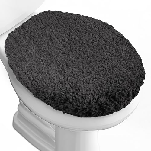 Soft Microfiber Toilet Lid Cover 17.5" x 15" Machine Washable | Solid Toilet Seat Cover Adjustable Rubber Backing Fits Most 16 -17.5" L x 14-16" W Round Oblong and Elongated Toilet Seat - color: Dark Grey