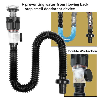 2 Pack Bathroom Sink Drain Kit, with Flexible Expandable P-Trap Sink Drain Pipe, Fits 1-1/4",1-1/2" and 2'' Drain Hole, Built-in Anti-Clogging Stopper, Anti-Odor Without Overflow - color: Black Without Overflow, style: 2 Pack