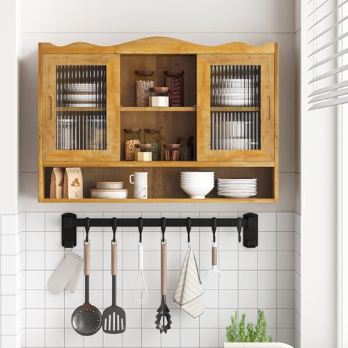 KEIKI 35.4" L Wall Mounted Kitchen Sideboard Cabinet with 2 Sliding Glass Door, 3 Layers Shelves, Retro Storage Buffet Medicine Cabinet for Bathroom, Dining Rooms, Entryway, Solid Wood, Natural - color: Natural, size: Small