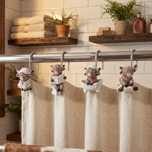 12 Pcs 4 Style Highland Cow Shower Curtain Hooks Rustic Farmhouse Western Decorative Shower Hooks Resin Metal Double Material No-Rust Sliding Curtain Rings for Bathroom Decor for Cow Lovers