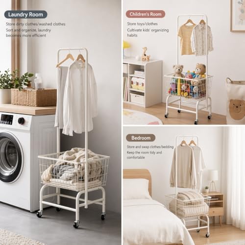 ALIMORDEN Rolling Laundry Cart with Hanging Rack & Metal Basket, White | 360° Lockable Casters, Wire Laundry Basket Cart, Hanging Rack, Powder Coated Frame for Laundry Room & Bedroom Storage - color: White