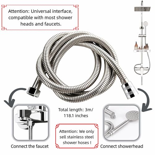 98" Extra Long Shower Hose, 304 Stainless Steel, Leak-Proof & Tangle-Free, Easy Install, Fits Most Showers, Chrome (98.0, Inches)