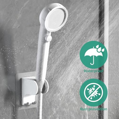 Hand Held Shower Head Holder Wall Mount, 2 Hooks, White, 1 Pack | Shower Hose Holder Adhesive with 2 Hanger Hooks, Adjustable Shower Handle Holder, No Drilling Shower Wand Holder - color: White