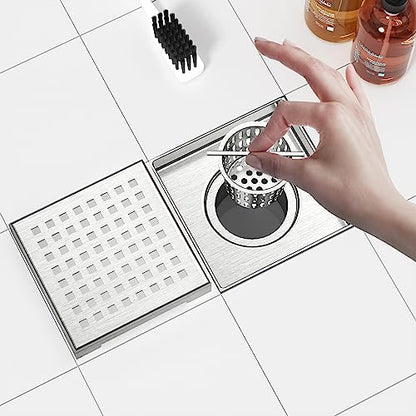 Neodrain 4 in Brushed Square Shower Drain with Quadrato Pattern Grate | 304 Stainless Steel Square Drain for bathroom, with Hair Strainer and Lifting Hook,Waterproof & Durable, CUPC Certified - color: Stainless, size: 4 IN