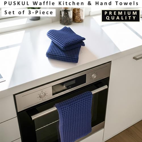PÜSKÜL Natural 100% Turkish Cotton Waffle Kitchen and Hand Towels, 3-Piece | Navy Blue, 32x16" Large, Premium 3D Honeycomb Weave Soft Absorbent Quick-Dry Lint-Free Dish Towel, Oeko-Tex Made in Turkey - color: Navy Blue, size: Kitchen & Hand Towels Pack of