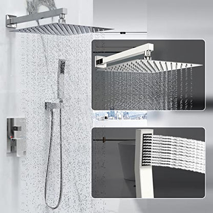 Chrome Rain Shower System Faucet Set with Handheld, 10 inch | Solid Metal Wall Mount Rainfall Shower Set with Safe Anti-Scald Valve, Air Injection High Pressure Water Saving Combo - color: Polished Chrome, style: 10in without Tub spout