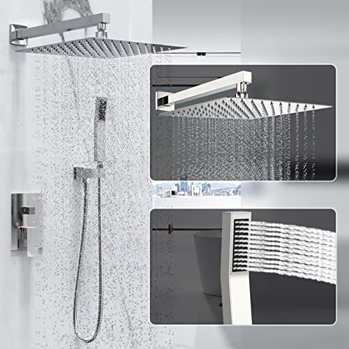Chrome Rain Shower System Faucet Set with Handheld, 12 inch | Solid Metal Wall Mount Rainfall Shower Set with Safe Anti-Scald Valve, Air Injection High Pressure Water Saving Combo - color: Polished Chrome, style: 12in without Tub spout