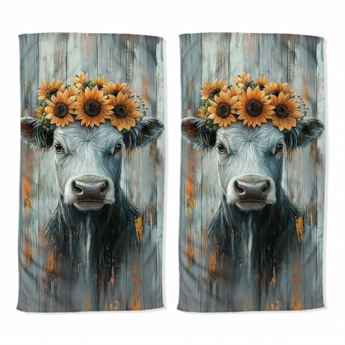 Sunflower Hand Towel Set of 2 Cow Wood Vintage Farm Watercolor Absorbent Bath Towels Kitchen Dish Towel Home Gym Hotel Bathroom Decor 14x28 inch - color: Sunflower