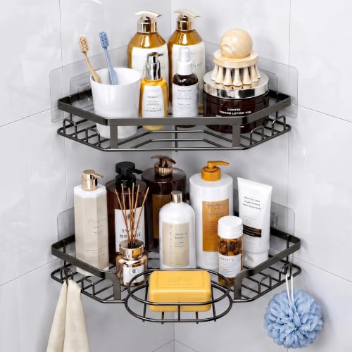Corner Shower Caddy, Rustproof Shower Organizer with Soap Holder and 8 Hooks, No Drilling Adhesive Shower Shelves for Inside Shower, Large Capacity Shower Rack for Bathroom Shower Storage, Black - color: Black, size: Large