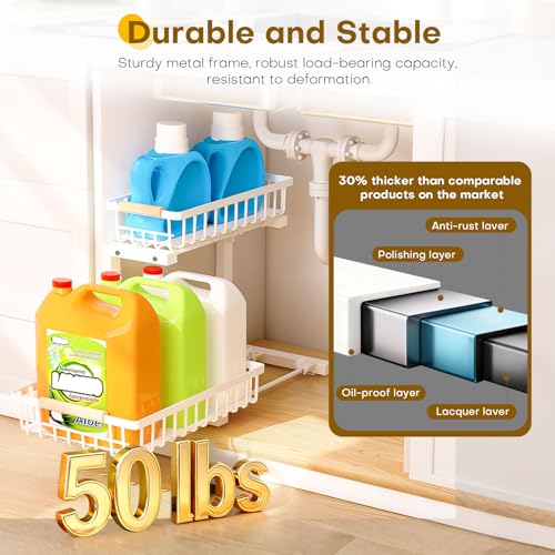 Under Sink Organizer, 2 Tier Pull Out Under-Sink Shelves, Adjustable Height (13.8" -16.9"), Sturdy Metal Storage Organizer for Bathroom Kitchen Pantry Cabinet (2 Packs, White)