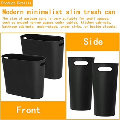 3.2 Gallon Slim Waste Basket, 2 Pack Small Wastebasket Plastic Narrow Trash Can with Handles, 12L Slim Garbage Container Bin for Narrow Space (Black) - color: Black