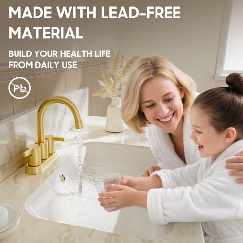 Brushed Gold 4 Inch 2 Handle Centerset Lead-Free Bathroom Faucet, Swivel Spout with Copper Pop Up Drain and 2 Water Supply Lines, BF015-1-BG - color: Brushed Gold