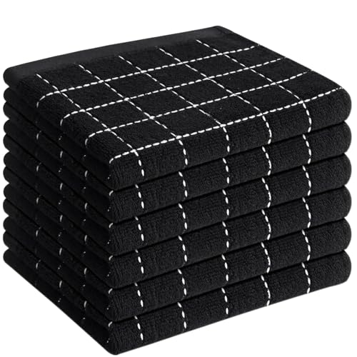 QUILTINA Kitchen Towels 6 Pack, 12 x 12 Inches, 100% Cotton Checkered Designed Terry Dish Cloths, Ultra Soft and Absorbent, Black - color: Black, size: 12 x 12 - 6 Pack-Checkered