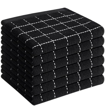 QUILTINA Kitchen Towels 6 Pack, 12 x 12 Inches, 100% Cotton Checkered Designed Terry Dish Cloths, Ultra Soft and Absorbent, Black - color: Black, size: 12 x 12 - 6 Pack-Checkered
