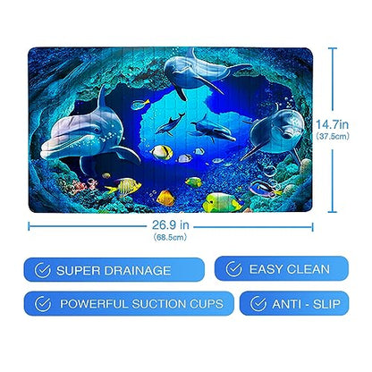 Navy Blue Non Slip Bath Tub Mat Ocean Shower Mat Non-Slip Cute Dolphin Blue Sea Ocean Fish Bathtub Mats with Suction Cups and Drain Holes Bathroom Soft Showermat 15"x27" - color: Dolphin&fish