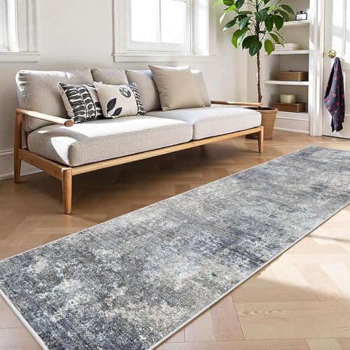 2x12 ft Washable Hallway Runner Rug – Non-Slip Stain-Resistant Low-Pile Long Carpet Runner for Kitchen Entryway Living Room Bedroom Bathroom, Modern Abstract Neutral (Blue Gray,2x12) - color: Blue Gray, size: 2' x 12' (Rectangular)