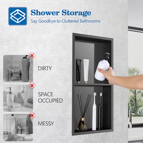 12" x 24" Shower Niche No Tile Needed | 304 Stainless Steel Shower Wall Niche, Recessed Shower Shelf for Shower or Bathroom Storage, Black - color: 12"x24" Black