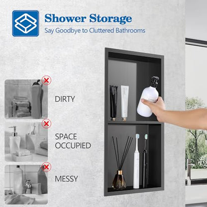 12" x 24" Shower Niche No Tile Needed | 304 Stainless Steel Shower Wall Niche, Recessed Shower Shelf for Shower or Bathroom Storage, Black - color: 12"x24" Black