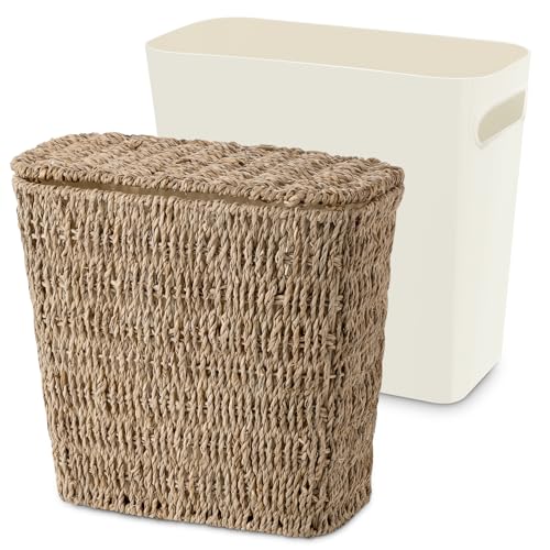 Wicker Waste Basket with Lid and Liner, Woven Seagrass Trash Can, Bathroom Trash Can, Boho Garbage Wastebasket for Bedroom Home Living Room Office Kitchen, 2.5 Gallon - color: Seagrass