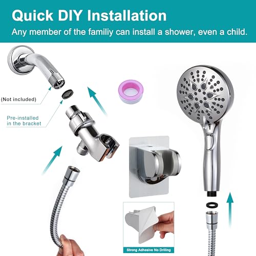 GwernKB Handheld Shower Head with ON OFF Switch & 79in Stainless Steel Hose | Built-in Power Spray,7-Setting High Pressure Spray with Bracket & Extra No Drilling Wall Shower Holder for Lower Mount,Silver - color: Silver