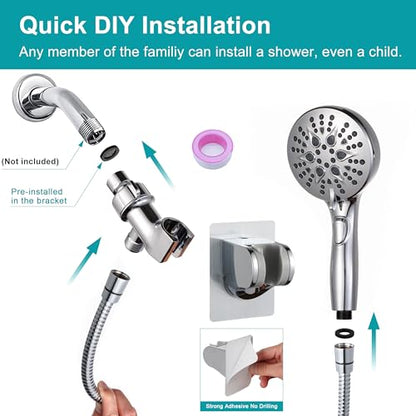 GwernKB Handheld Shower Head with ON OFF Switch & 79in Stainless Steel Hose | Built-in Power Spray,7-Setting High Pressure Spray with Bracket & Extra No Drilling Wall Shower Holder for Lower Mount,Silver - color: Silver