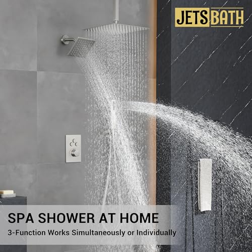 Thermostatic Dual Shower Head System, Brushed Nickel Shower Faucet | 12 Inch Ceiling Rainfall Shower, 6 Inch Wall Mount Head, High Pressure Handheld Sprayer, Push Button Valve - color: Brushed Nickel