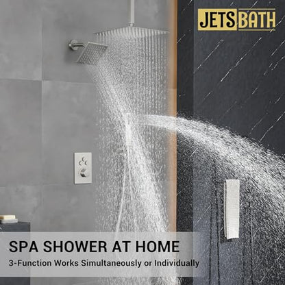 Thermostatic Dual Shower Head System, Brushed Nickel Shower Faucet | 12 Inch Ceiling Rainfall Shower, 6 Inch Wall Mount Head, High Pressure Handheld Sprayer, Push Button Valve - color: Brushed Nickel
