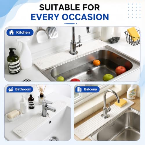 Absorbent Stone Faucet Mat for Kitchen Sink - 15.8" x 4" Diatomite Stone Sink Tray, Quick Dry Bathroom Sink Splash Guard Behind Faucet, Water Catcher Counter Protector (White) - size: 15.8" x 4"
