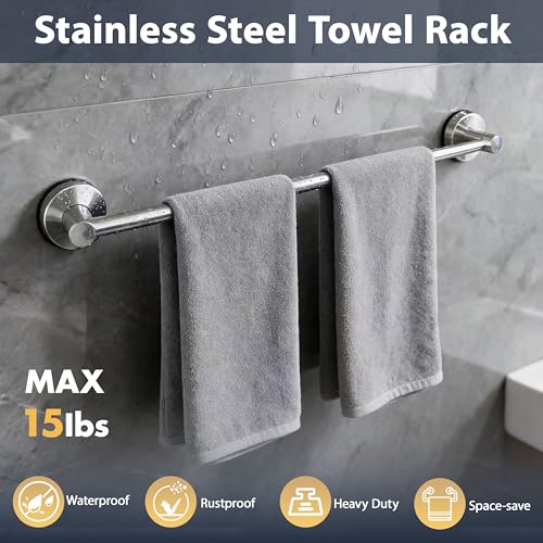 Towel Racks for Bathroom Suction Cup Towel Bar 14.6-24in Adjustable | No Drill Bathroom Towel Holder, Stainless Steel Construction, Heavy Duty Wall Mounted (silver) - color: Silver