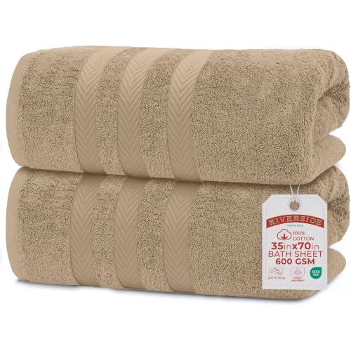 RIVERSIDE Pack of 2 Extra Large Bath Sheets 35 x 70 Inches, 100% Ring Spun Cotton, Hotel Quality, Oversized Bath Towels, Super Soft, Highly Absorbent & Quicker to Dry, Tan - color: Tan, size: Bath Sheets (PK 2)
