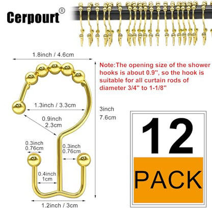 Shower Curtain Hooks, 12 Pcs Rustproof Metal Shower Curtain Rings,Free Sliding Double Shower Hooks for Shower Curtain & Liners, Shower Curtain Hangers for Bathroom Shower Curtain Rods Curtains (Gold) - color: Gold