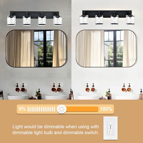 4-Light Bathroom Vanity Light Fixture, Modern Black Wall Lighting Over Mirror with Rectangular Clear Glass, E26 Bulb Base - color: Black, Clear Glass, size: 4-Lights