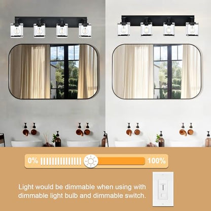 4-Light Bathroom Vanity Light Fixture, Modern Black Wall Lighting Over Mirror with Rectangular Clear Glass, E26 Bulb Base - color: Black, Clear Glass, size: 4-Lights