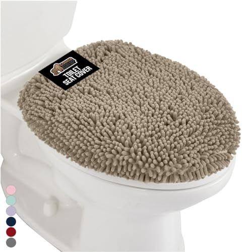 GORILLA GRIP Soft Chenille Bathroom Toilet Lid Cover, Machine Washable Seat Covers, 19.5x18.5, Stays in Place Rubber Backing, Fits Most Round, Elongated and Oblong Lids, Accessories Decor, Gray Beige - color: Gray Beige, style: Chenille