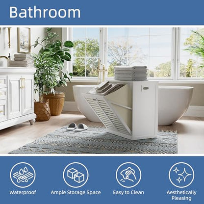 HITNET Tilt Out Laundry Hamper Cabinet, Bathroom Laundry Cabinet with 20 Gallon Clothes Basket, Space Saving Freestanding Bamboo Storage Organizer for Towels and Toys, White - color: White
